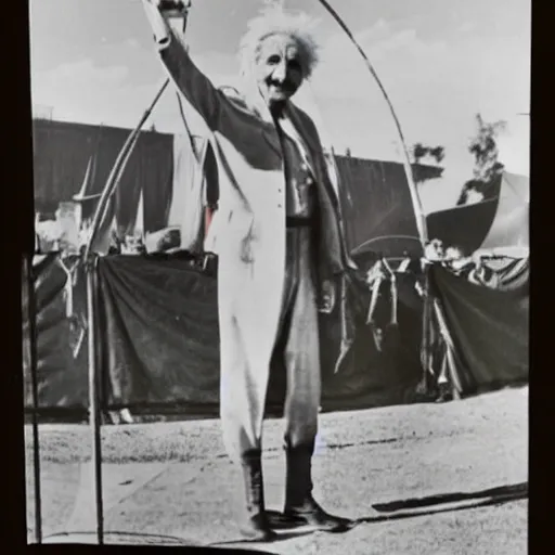 Image similar to Albert Einstein tallest man in the world being showed off at a circus