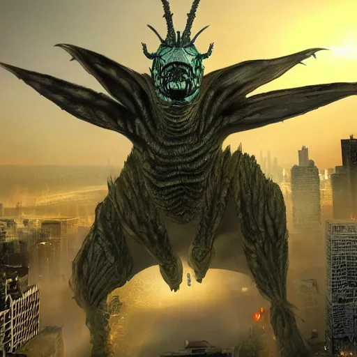 Image similar to giant insect kaiju with wings destroying a city, photo realistic, hyper realistic, extremely detailed