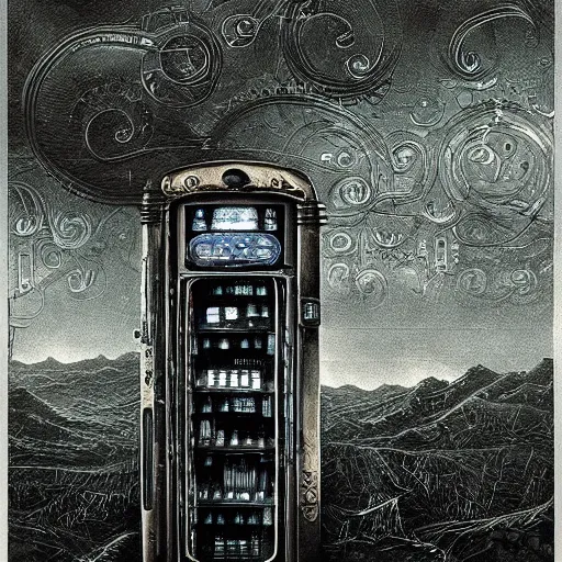 Prompt: steampunk landscape with vending machine, filigree ornaments, beksinski