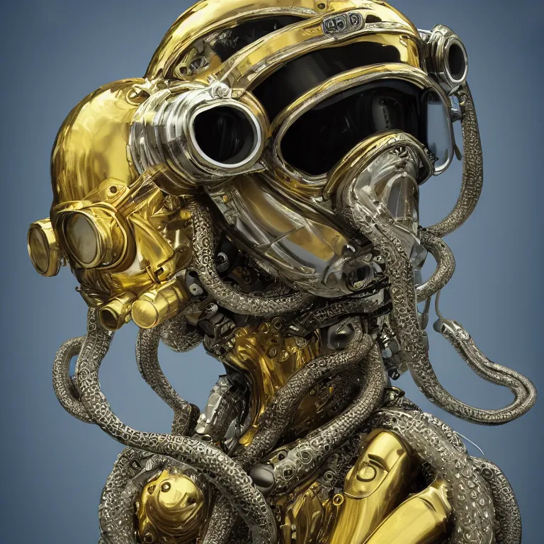 Prompt: octane render portrait by wayne barlow and carlo crivelli and glenn fabry, subject is a futuristic scuba diver with a shiny reflective silver metal helmet with colorful reflective goggles and covered in black ribbed rubber hoses, wrapped up in and completely covered by giant long shiny reflective golden octopus tentacles, cinema 4 d, ray traced lighting, very short depth of field, bokeh