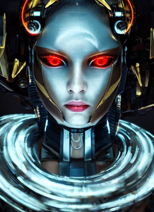 Image similar to close up portrait of a futuristic geisha cyborg walking in a digital storm with lens flairs, in the style of ghost in the shell, kintsugi, modern fine art, fractal, intricate, elegant, highly detailed, digital photography, subsurface scattering, by gigee and greg rutkowski,