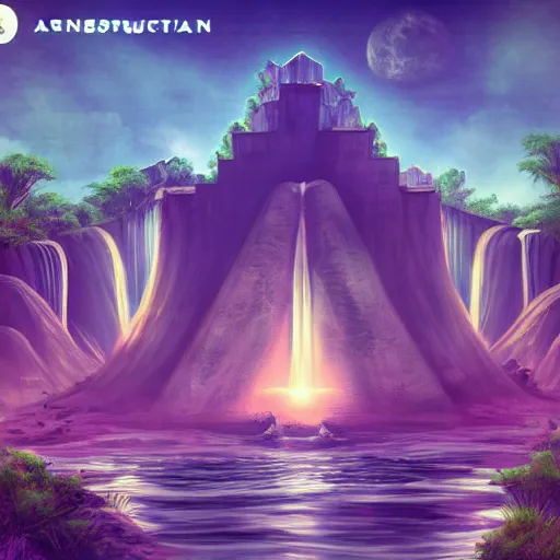 Image similar to ancient structures and waterfalls, retrowave epic art, trending on art station