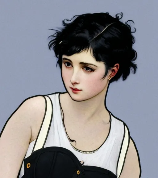 Image similar to lineart of a woman with black hair pixie cut in shorts with suspenders and white t-shirt drawn by anime, Alexandre Cabanel, norman rockwell, peter paul rubens, maler collier, frank frazetta, alphonse mucha, gustav klimt 4k, unreal 5, DAZ, french noveau, trending on artstation, octane render, hyperrealistic