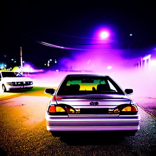 Image similar to a car JZX90 at illegal car meet, Chiba prefecture, city midnight mist lights, cinematic color, photorealistic, highly detailed, 50MM