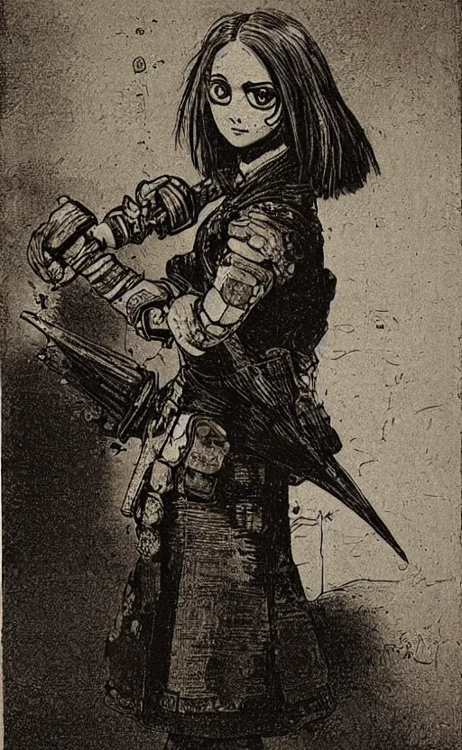 Prompt: school girl, battle angel alita. by rembrandt 1 6 6 7, illustration