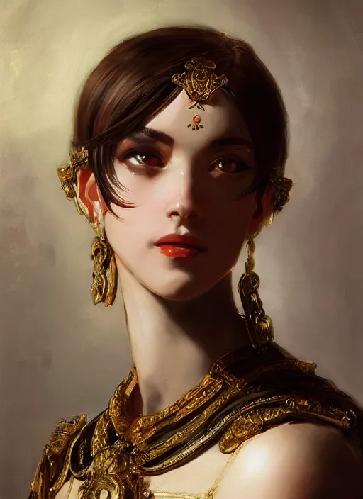 Image similar to portrait of an elegant ancient roman character in ornate armor, by ilya kuvshinov, by thomas lawrence, by bayard wu, trending on artstation, masterpiece