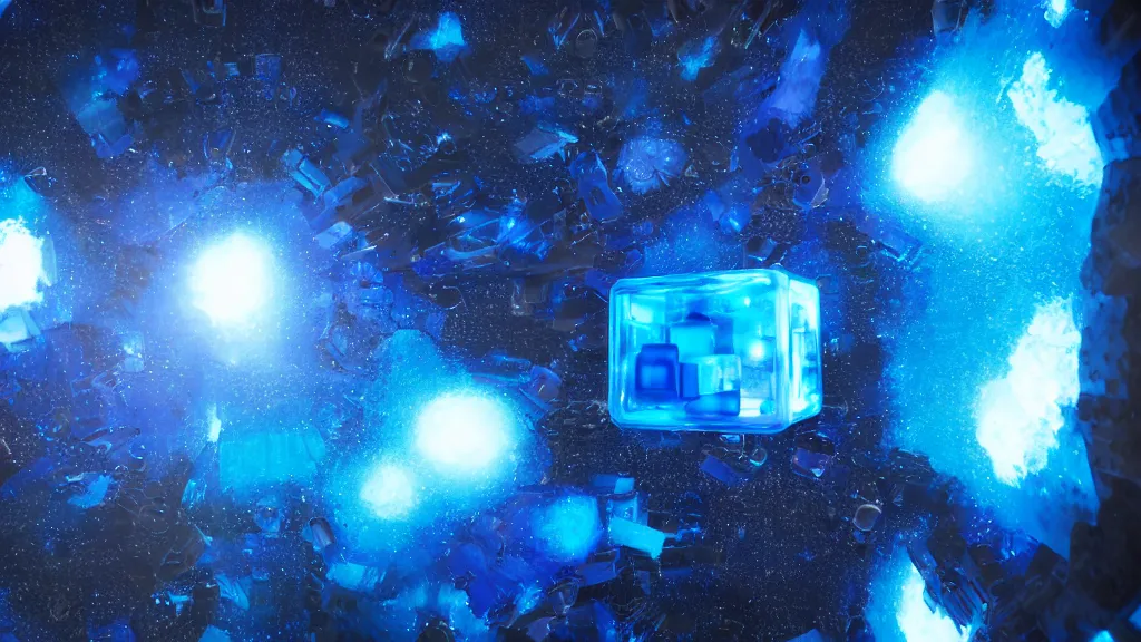 Image similar to cyberpunk blue ice cube nebula sculpture floating in space, 8k, cinematic, epic, ultra detailed, award winning, trending on artstationHD, dramatic