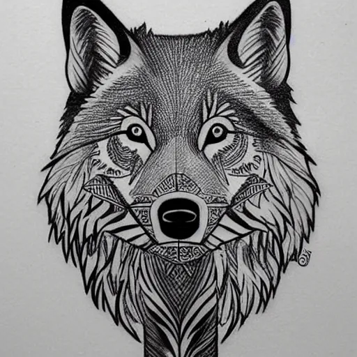 Image similar to tattoo stencil. pencil line drawing, black and white, wolf