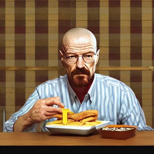 Image similar to walter white eating at mcdonald's, mcdonald's interior background, photo