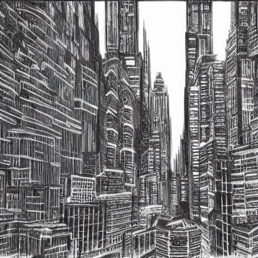 Image similar to charcoal drawing of a cyberpunk city