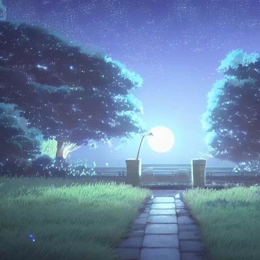 Image similar to a secret garden at night, moon, no people, by makoto shinkai