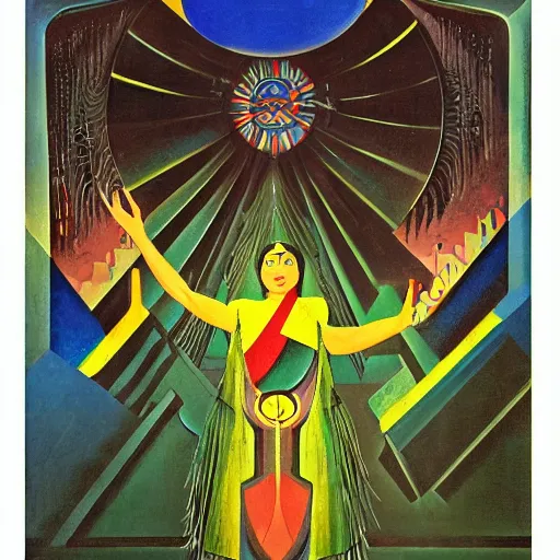 Prompt: the shaman of the subway, an art deco painting by leo and diane dillon and diego rivera, dramatic lighting, god rays, smooth, sharp focus, highly detailed