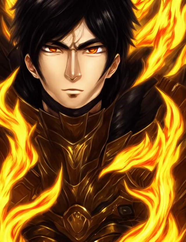 Image similar to a detailed manga portrait of a black haired man with hazel eyes in gleaming golden armour that burns with golden fire, trending on artstation, digital art, 4 k resolution, detailed, high quality, sharp focus, hq artwork, coherent, insane detail, character portrait