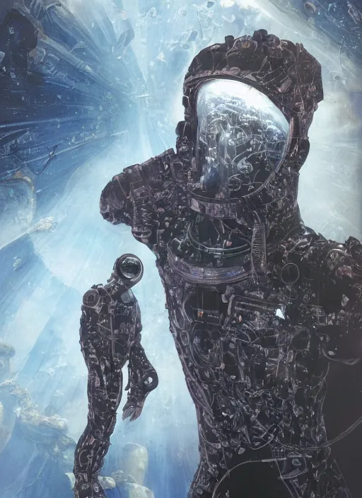 Image similar to astronaut in dark void underwater - complex and hyperdetailed technical suit design. reflection and dispersion materials. rays and dispersion of light. volumetric light. f / 3 2. noise film photo. flash photography. ultra realistic, 5 0 mm. poster by wayne barlowe, hajime sorayama aaron horkey, craig mullins