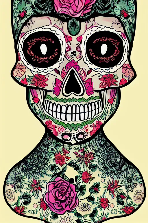 Prompt: Illustration of a sugar skull day of the dead girl, art by Cory Loftis