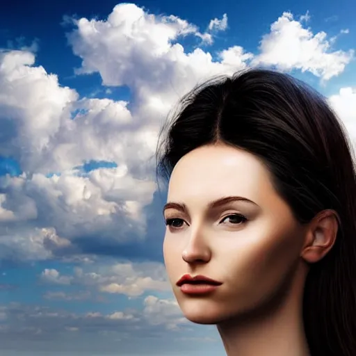 Image similar to a woman's head with clouds in the background, an airbrush painting by igor morski, behance contest winner, fantasy art, daz 3 d, behance hd, airbrush art