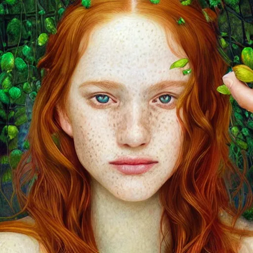 Image similar to a highly detailed, hyper realistic, portrait with torso of a red haired young woman, among wonderful golden fireflies, long hair, green eyes, hint of freckles, round gentle face, cheeky smile, white romantic dress with intricate details, deep focus, elegant, digital painting, smooth, sharp, golden ratio, illustration, art by artgerm and caravaggio