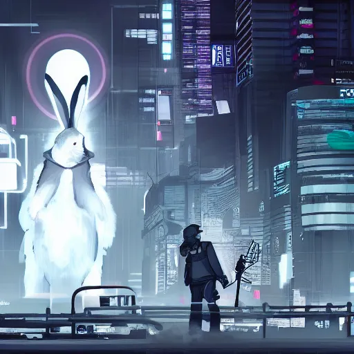 Prompt: a cyberpunk game where the main character is a white and grey rabbit