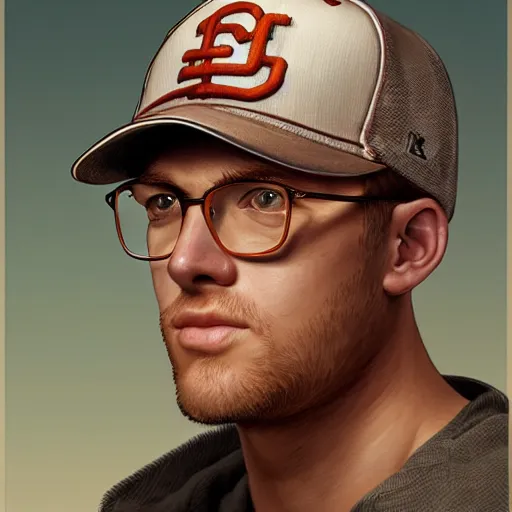 Prompt: portrait painting of blonde, fair skin, man in a dodgers hat wearing glasses, unshaven, round face, strong, ultra realistic, concept art, intricate details, serious, highly detailed, photorealistic, octane render, 8 k, unreal engine. art by artgerm and greg rutkowski and alphonse mucha