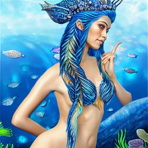 Image similar to an extremely realistic photoart of a fantastic realistic mermaid with an ultra perfect and ultra detailed wild face with beautiful, ultra detailed wild blue eyes a fantastic crown of diamons and a galaxy realistic tail, wearing a two-piece swimsuit full art