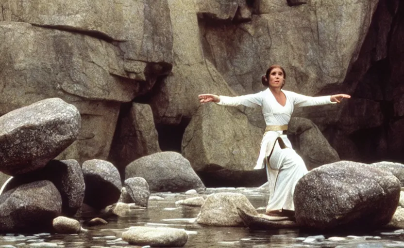 Image similar to screenshot of Princess Leia lifting floating rocks outside a Jedi Temple scene from The Force Awakens, 1970s film by Stanley Kubrick, serene, iconic scene, stunning cinematography, hyper-detailed, sharp, anamorphic lenses, kodak color film, 4k