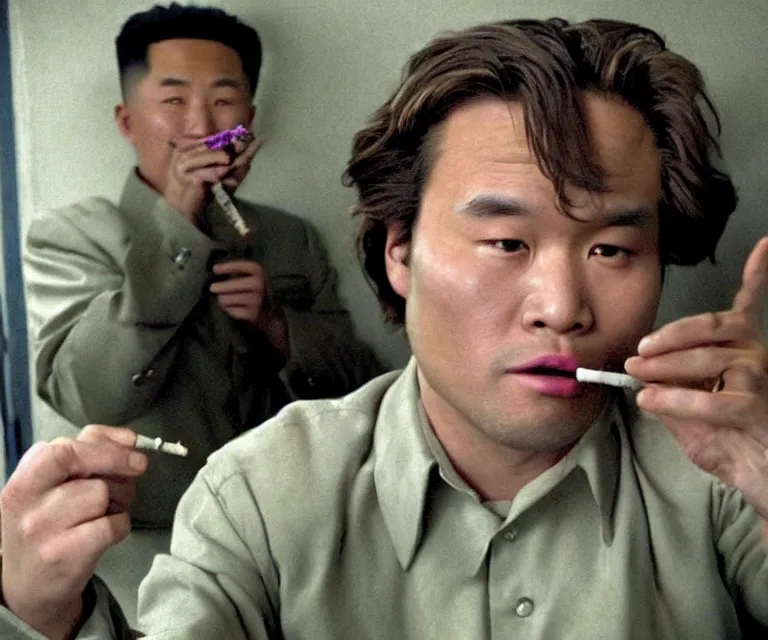 Image similar to hyperralism pineapple express ( 2 0 0 8 ) movie still photography of real detailed north korean kim chen with detailed face smoking high detailed weed and reviewing weed bush in detailed basement bedroom ultra violet light