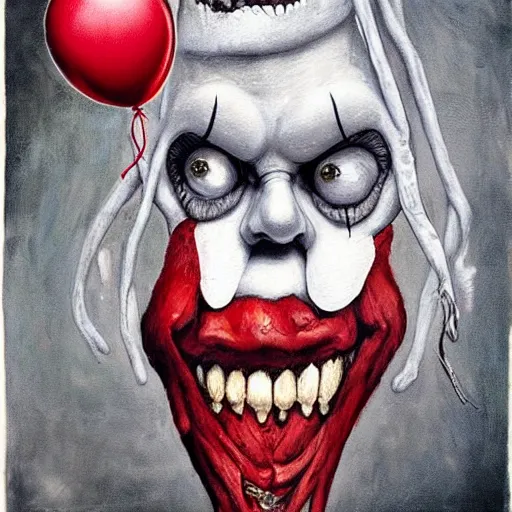 Image similar to grunge painting of donald trump with a wide smile and a red balloon by chris leib, loony toons style, pennywise style, corpse bride style, horror theme, detailed, elegant, intricate