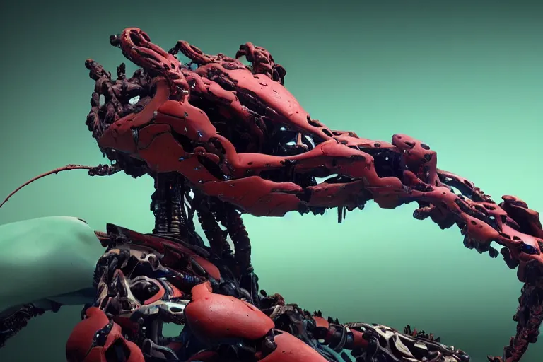 Image similar to portrait of a posed hyper detailed complex, plowhorn evangelion realistic mechanical and fleshy organic creature similar look as horizon forbidden west horizon zero dawn bioluminiscence in a dark deep forest at dawn in spring, with reflection and textures, by kilian eng, substance painter reaslitic mech surface metal painted scratches