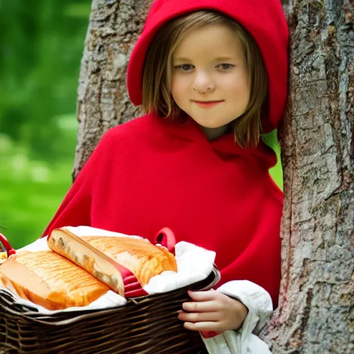 Image similar to a beautiful little girl in red hat cloak with a picnic basket rendered as an unreal engine