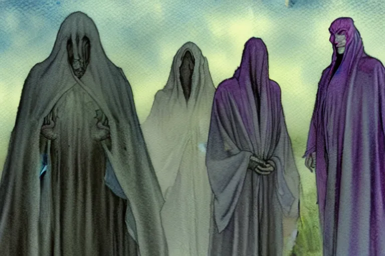 Prompt: a realistic and atmospheric watercolour fantasy character concept art portrait of a three christians wearing robes standing in front of a lovecraftian grey alien. they are emerging from the mist on the moors of ireland at night. a ufo is in the sky. by rebecca guay, michael kaluta, charles vess and jean moebius giraud