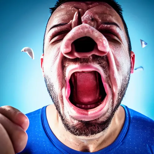 Image similar to angry man with foaming mouth, sweating profusely, gritted teeth, fisheye photography