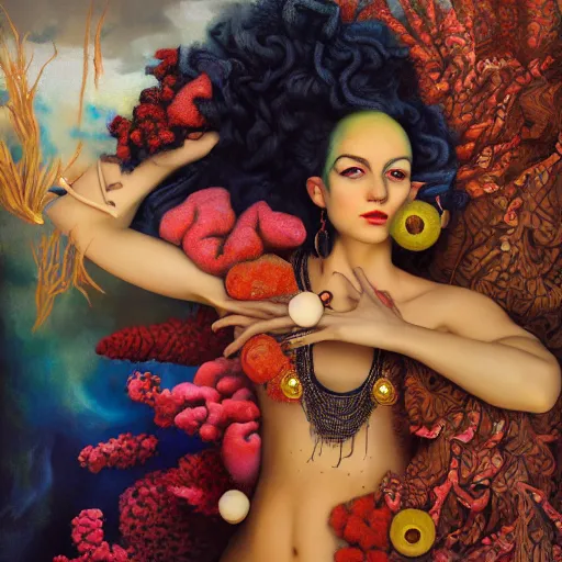 Image similar to dynamic composition, a painting of a woman with hair of seaweed and ( brightly - colored - corals ), wearing ornate earrings, a surrealist painting by tom bagshaw and jacek yerga and tamara de lempicka and jesse king, underwater, featured on cgsociety, pop surrealism, surrealist, dramatic lighting, pre - raphaelite, ornate gilded details