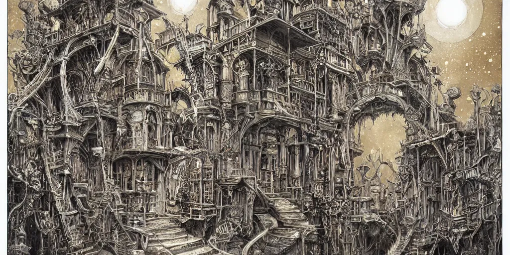 Image similar to a beautiful painting of skeleton fantasy gold world with architecture design haasan fatahy by aaron horkey, trending on artstation