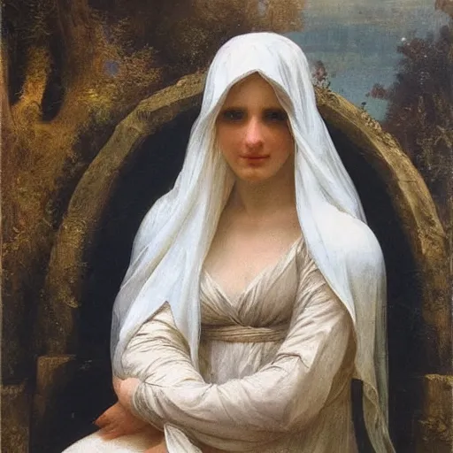 Prompt: beautiful woman, in a wet transparent white veil, sitting near a river, in a neoclassicism art style