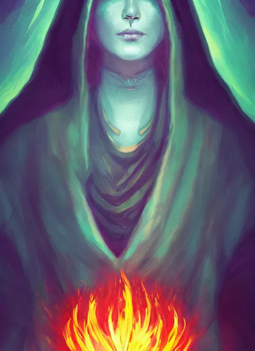 Image similar to ( a priestess with a hood that covers half her face carries an incense burner that emits a pleasantly colored flame. ) by anato finnstark, dream, full body portrait, dynamic lighting, beautiful, trending on artstation, wallpaper, 4 k, award winning, digital art, very detailed faces