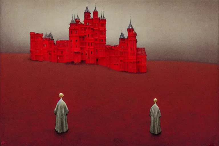 Image similar to only with red, red flowers of different types, red castle in background, red medieval big fat goblins, in the style of beksinski, parts by edward hopper, parts by rodcenko, parts by yue minjun, intricate and epic composition, red by caravaggio, insanely quality, highly detailed, masterpiece, red light, artstation, 4 k