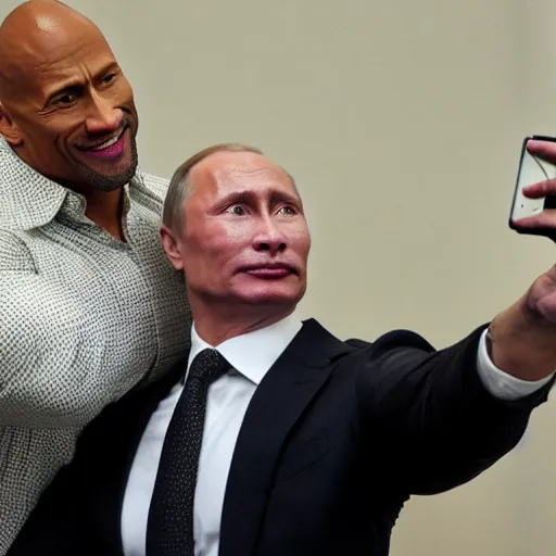 Prompt: dwayne johnson taking a selfie with putin