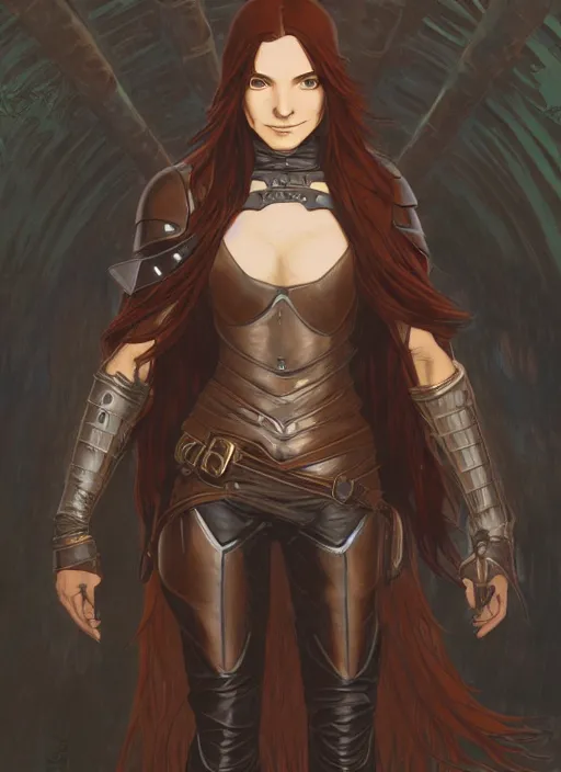 Image similar to strong female rogue in leather armor and cloak with long glowing brown hair, path traced, highly detailed, high quality, digital painting, by studio ghibli and alphonse mucha, leesha hannigan, makoto shinkai, disney