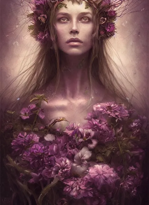 Prompt: a gorgeous flower princess portrait by Seb McKinnon and WLOP, artgerm , ultra realistic, mystical, ominous, cgsociety
