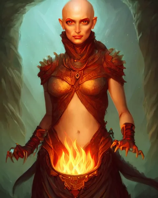 Prompt: Human :: Sorceress, pretty, beautiful, DnD character art portrait, bald, fire magic, very detailed flame tattoos, matte fantasy painting, DeviantArt Artstation, by Jason Felix by Steve Argyle by Tyler Jacobson by Peter Mohrbacher, cinematic lighting.