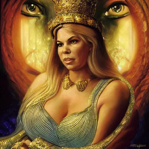 Prompt: portrait of sara netanyahu as a goddess of fertility, by tim hildebrandt and greg rutkowski and franz stuck, sara netanyahu face