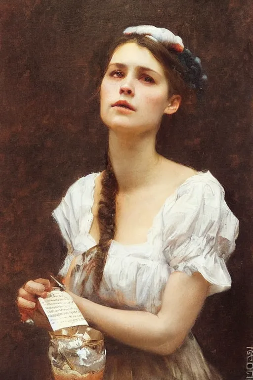 Image similar to Solomon Joseph Solomon and Richard Schmid and Jeremy Lipking victorian genre painting full length portrait painting of a young beautiful woman traditional german barmaid in traditional costume