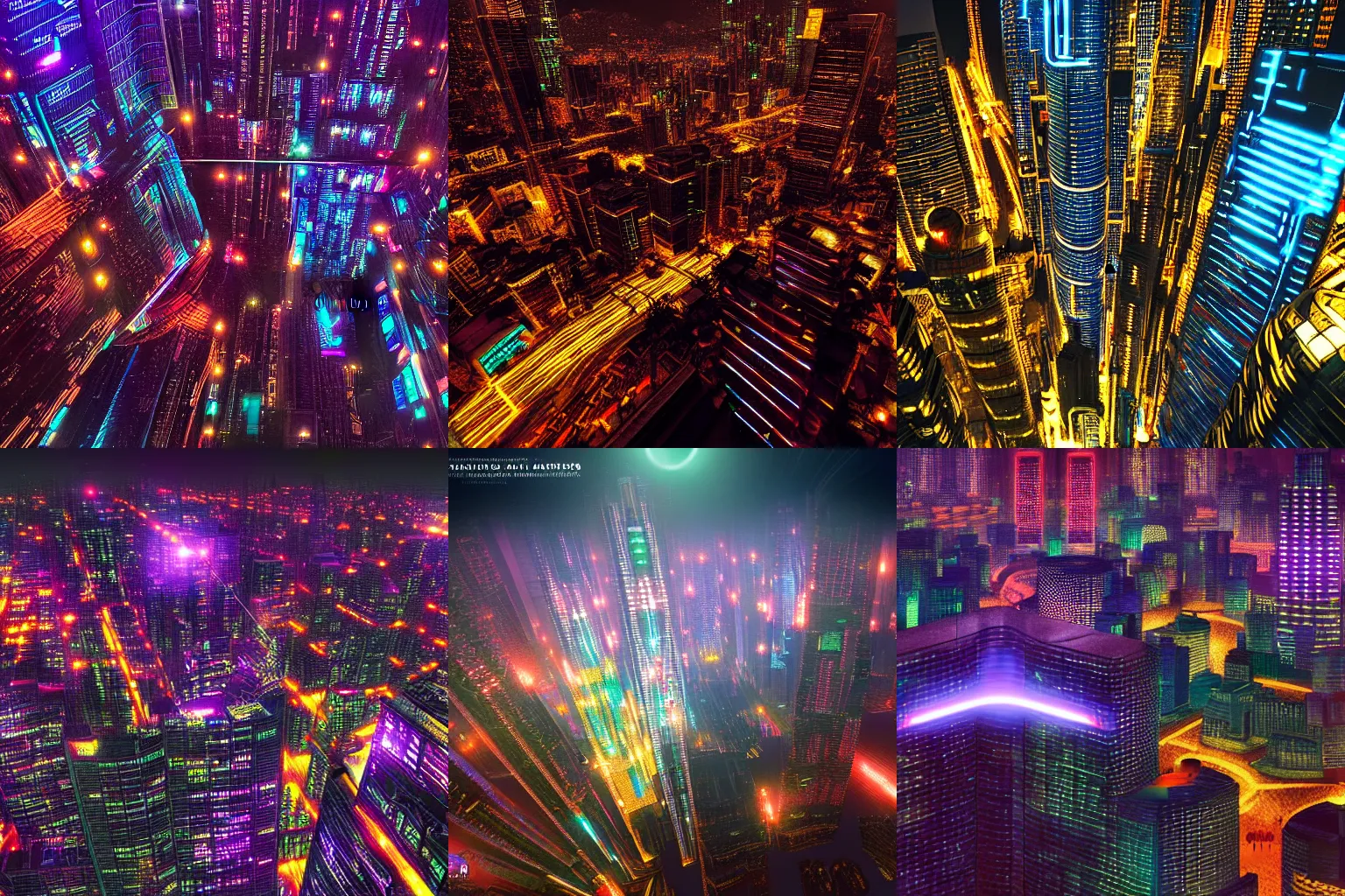 Prompt: An arial view a cybernetic sci-fi city at night, neon, led screens, haze, by xuteng pan Albert Ramon Puig Masashi Imagawa