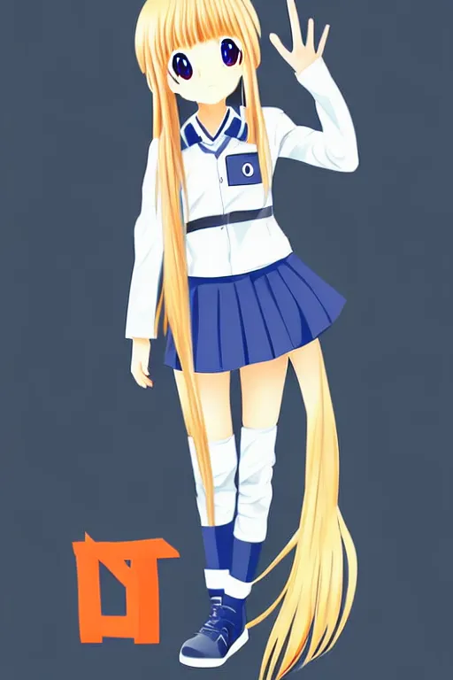 Prompt: full body anime portrait of a cute android girl round eyes long hair dressed in a school uniform inside the school, peace sign, stunning, highly detailed, anatomically correct, vector art, hyper realistic