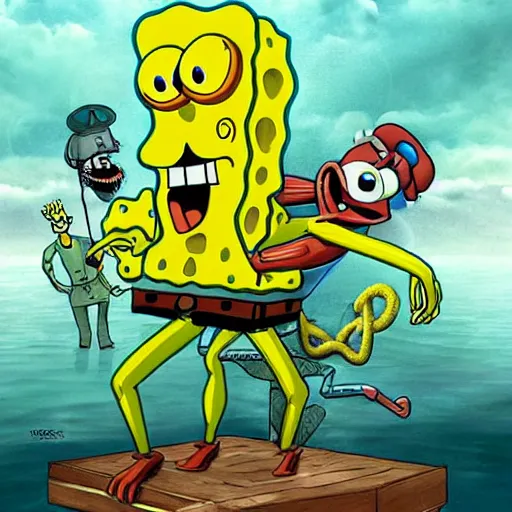 Image similar to spongebob bodybuilder Cthulhu hybrid, photorealistic, high-definition, action movie poster