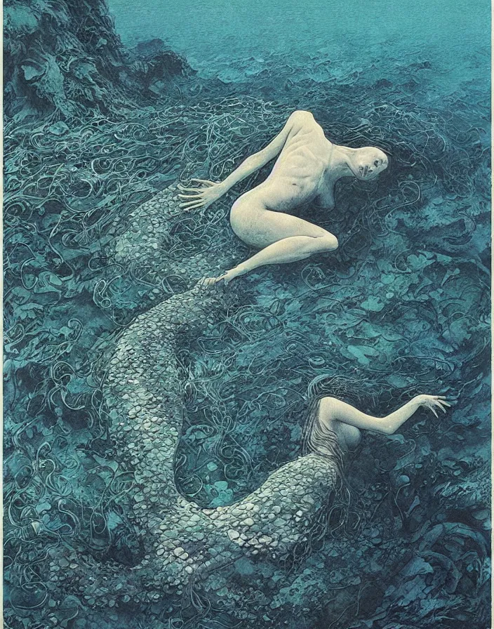Image similar to a mermaid with big fins swimming deep underwater amongst seaweed and sea creatures, mermaid, beksinski painting, part by adrian ghenie and gerhard richter. art by takato yamamoto. masterpiece, dark and moody, deep colours, blue