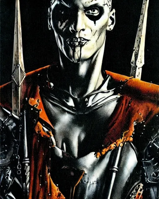 Image similar to portrait of a skinny punk goth tony todd wearing armor by simon bisley, john blance, frank frazetta, fantasy, thief warrior