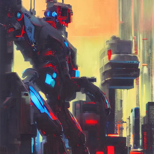 Image similar to arasaka mech, cyberpunk, art by jeff catherine jones, red and blue neon