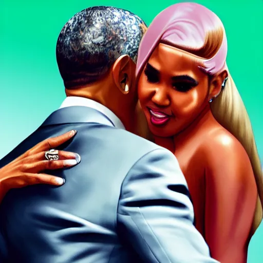 Prompt: barack obama hugging nicki minaj from behind, highly detailed illustration