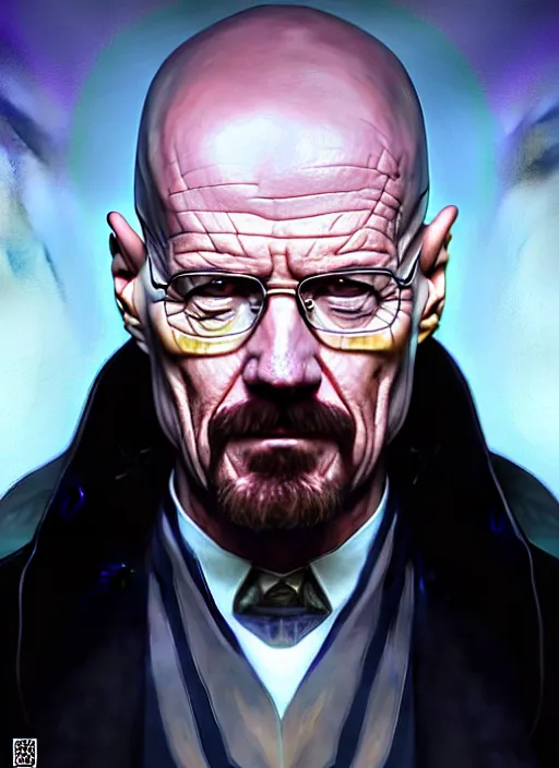 Prompt: portrait of walter white as king, throne, jewelry, greek, amethyst, intricate, headshot, highly detailed, digital painting, artstation, concept art, sharp focus, cinematic lighting, illustration, art by artgerm and greg rutkowski, alphonse mucha, cgsociety